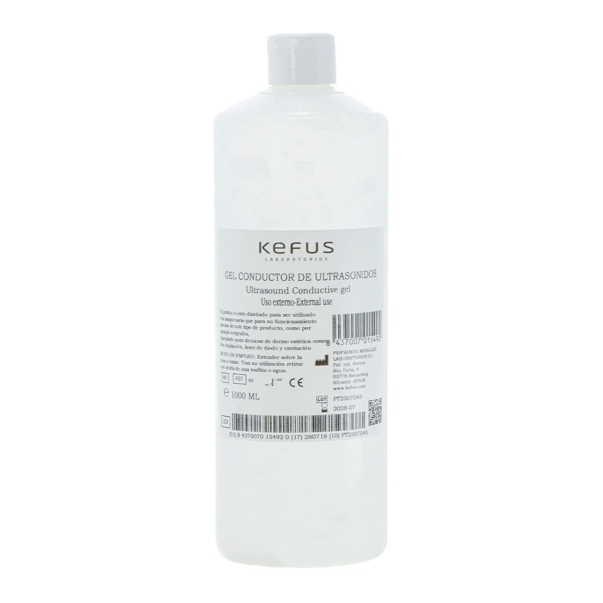 KEFUS Gel Conductor Ultrasonidos 1 Litro | Botella Con Tapón Dosificador | Uso Profesional Para Ecografía, IPL, Radiofrecuencia Y Cavitación | Alta Conductividad